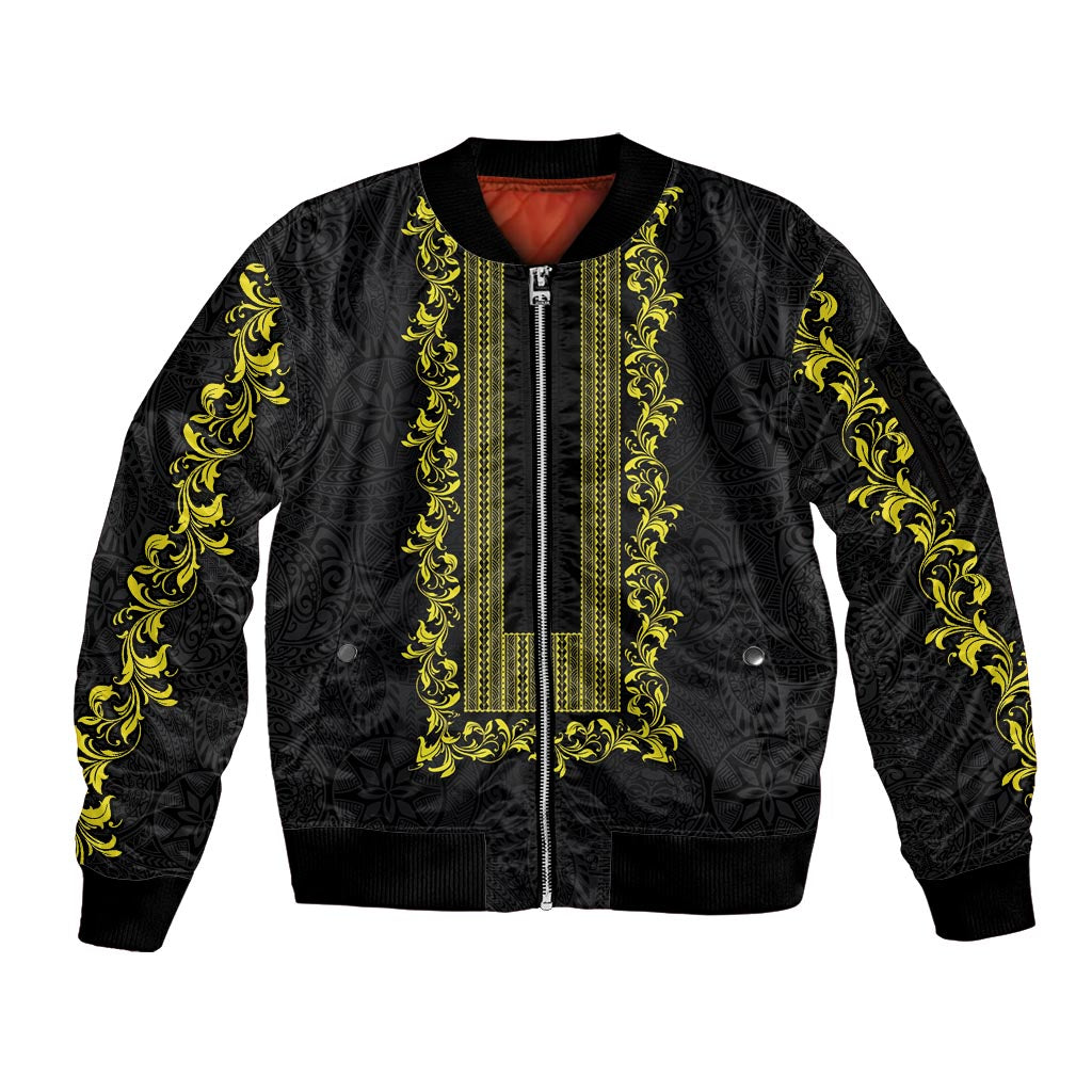 Philippines Polynesian Floral Pattern Sleeve Zip Bomber Jacket With Barong Tagalog Black Style LT03 Unisex Black - Polynesian Pride