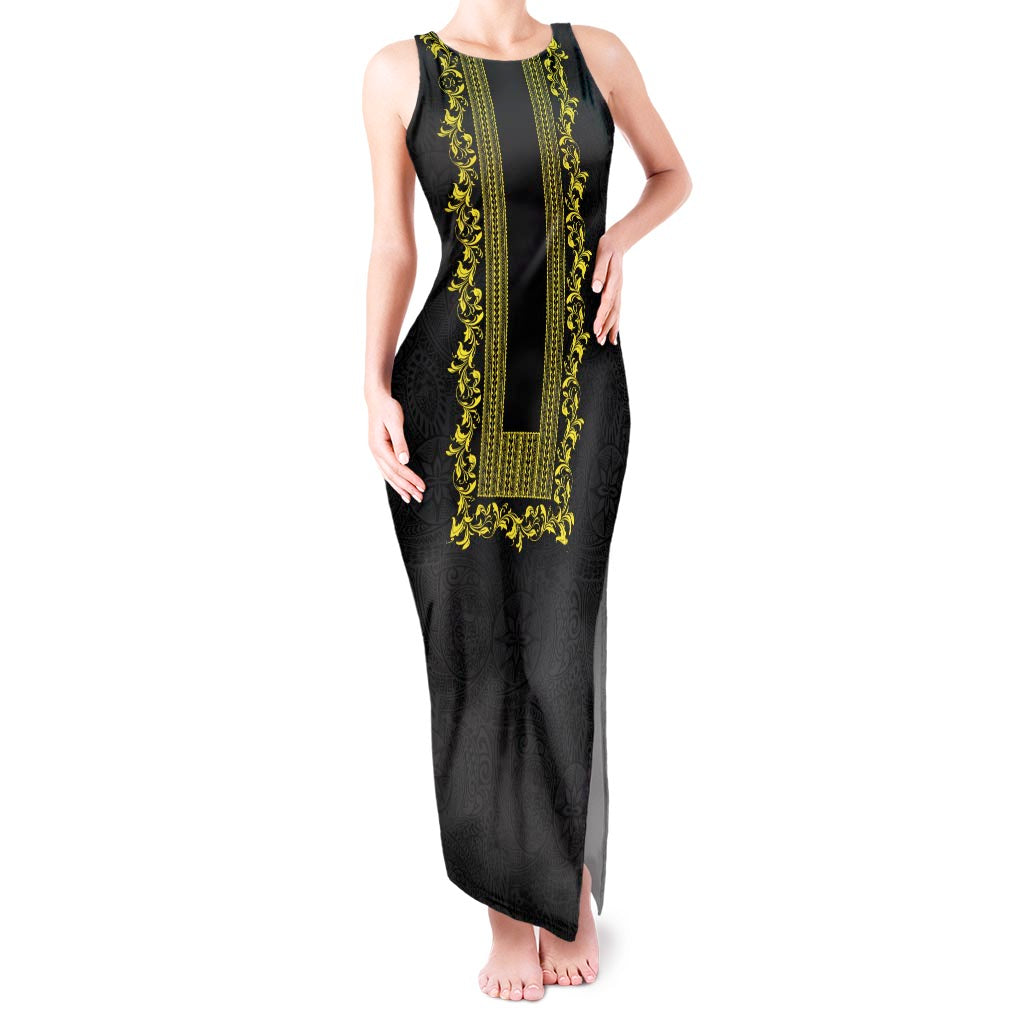 Philippines Polynesian Floral Pattern Tank Maxi Dress With Barong Tagalog Black Style LT03 Women Black - Polynesian Pride