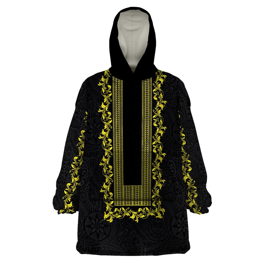 Philippines Polynesian Floral Pattern Wearable Blanket Hoodie With Barong Tagalog Black Style LT03 One Size Black - Polynesian Pride
