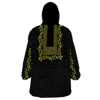 Philippines Polynesian Floral Pattern Wearable Blanket Hoodie With Barong Tagalog Black Style