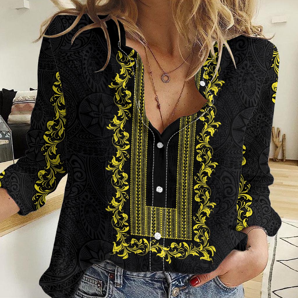 Philippines Polynesian Floral Pattern Women Casual Shirt With Barong Tagalog Black Style