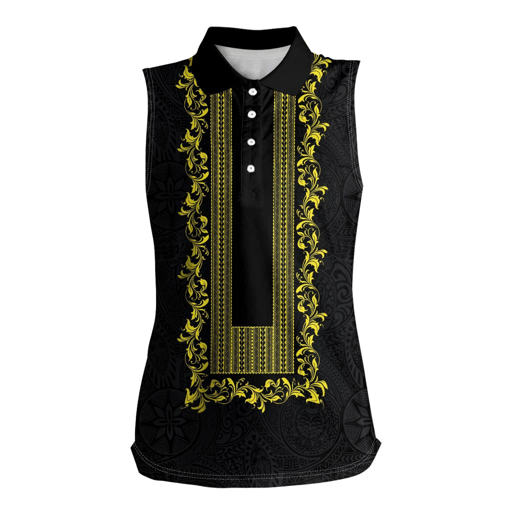 Philippines Polynesian Floral Pattern Women Sleeveless Polo Shirt With Barong Tagalog Black Style LT03 Female Black - Polynesian Pride
