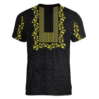 Philippines Polynesian Floral Pattern Women V-Neck T-Shirt With Barong Tagalog Black Style
