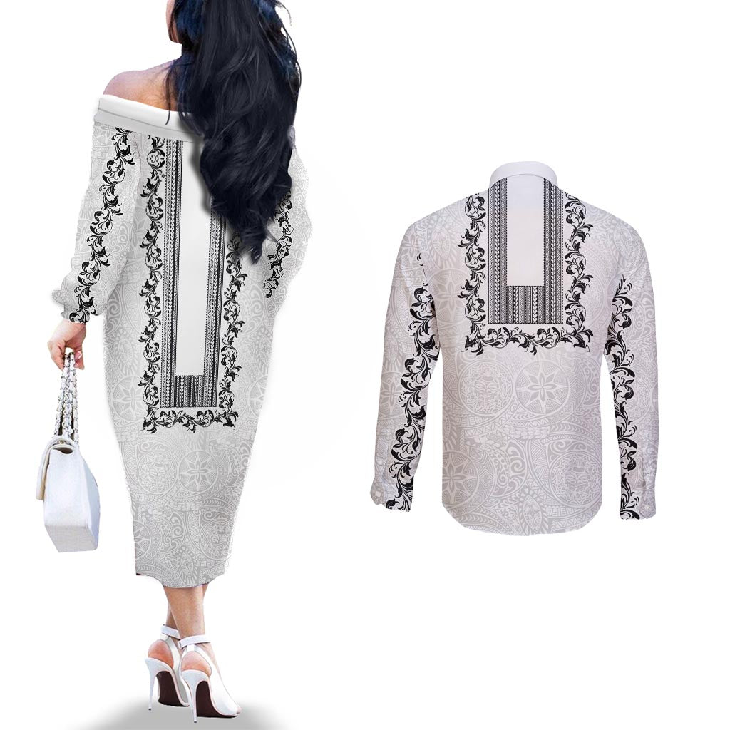 Philippines Polynesian Floral Pattern Couples Matching Off The Shoulder Long Sleeve Dress and Long Sleeve Button Shirt With Barong Tagalog White Style