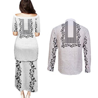 Philippines Polynesian Floral Pattern Couples Matching Puletasi and Long Sleeve Button Shirt With Barong Tagalog White Style