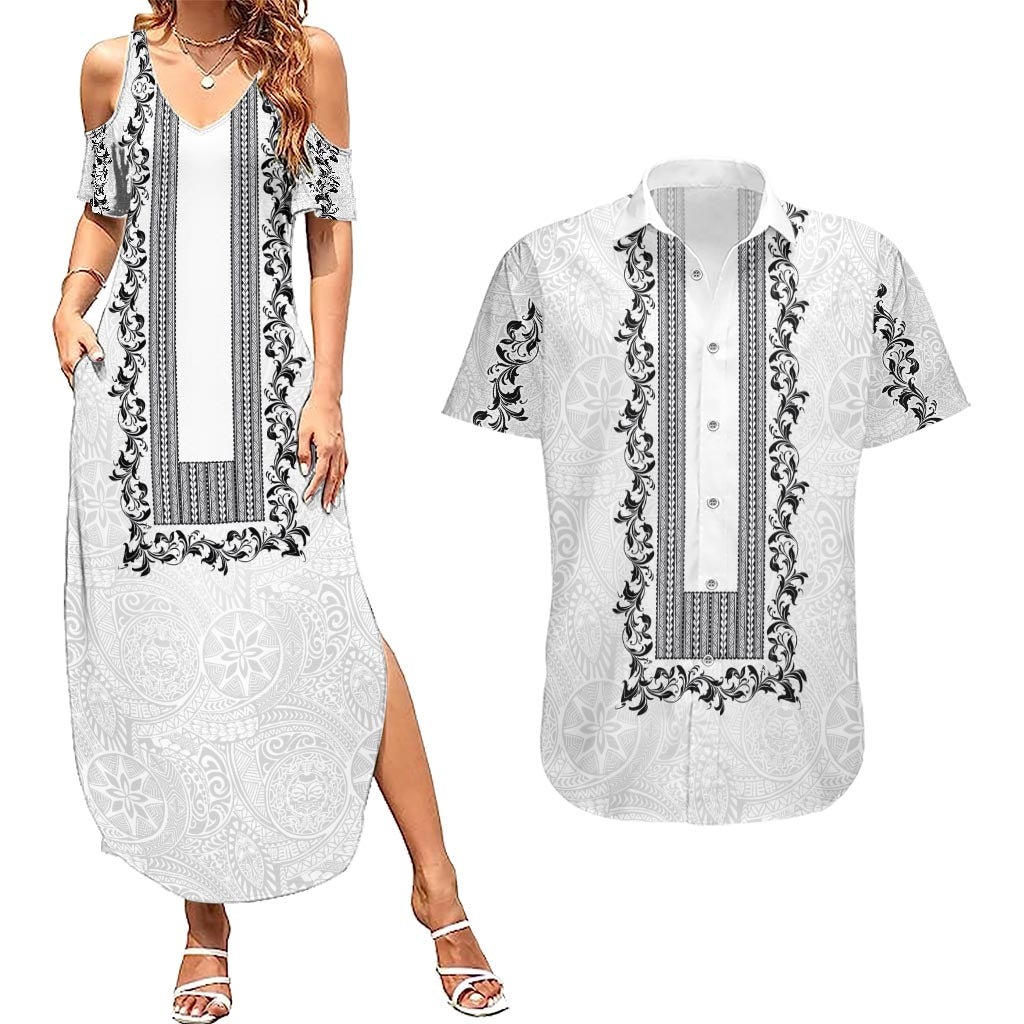 Philippines Polynesian Floral Pattern Couples Matching Summer Maxi Dress and Hawaiian Shirt With Barong Tagalog White Style LT03 White - Polynesian Pride