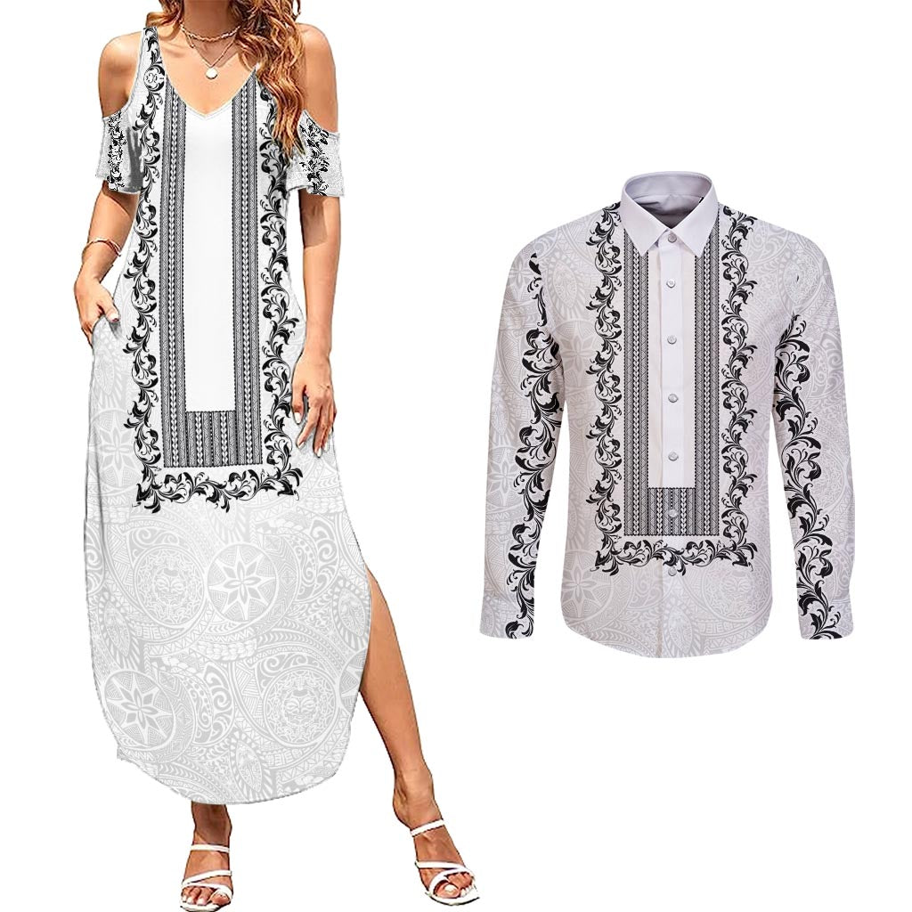 Philippines Polynesian Floral Pattern Couples Matching Summer Maxi Dress and Long Sleeve Button Shirt With Barong Tagalog White Style LT03 White - Polynesian Pride