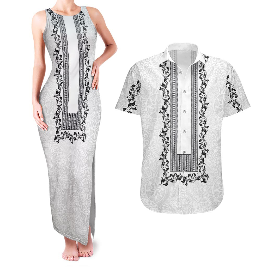 Philippines Polynesian Floral Pattern Couples Matching Tank Maxi Dress and Hawaiian Shirt With Barong Tagalog White Style LT03 White - Polynesian Pride