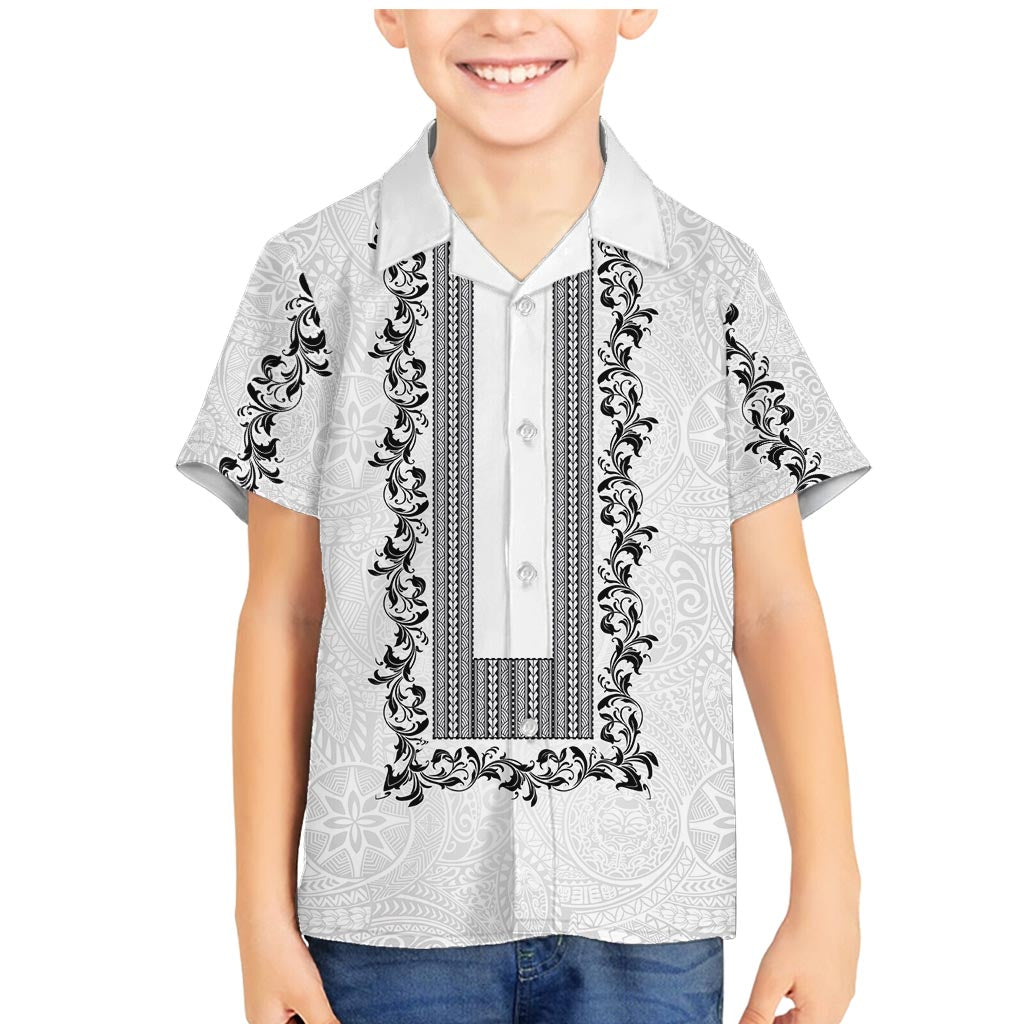 Philippines Polynesian Floral Pattern Family Matching Mermaid Dress and Hawaiian Shirt With Barong Tagalog White Style