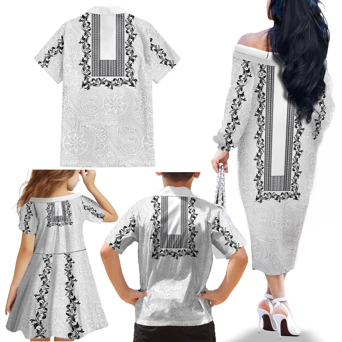 Philippines Polynesian Floral Pattern Family Matching Off The Shoulder Long Sleeve Dress and Hawaiian Shirt With Barong Tagalog White Style