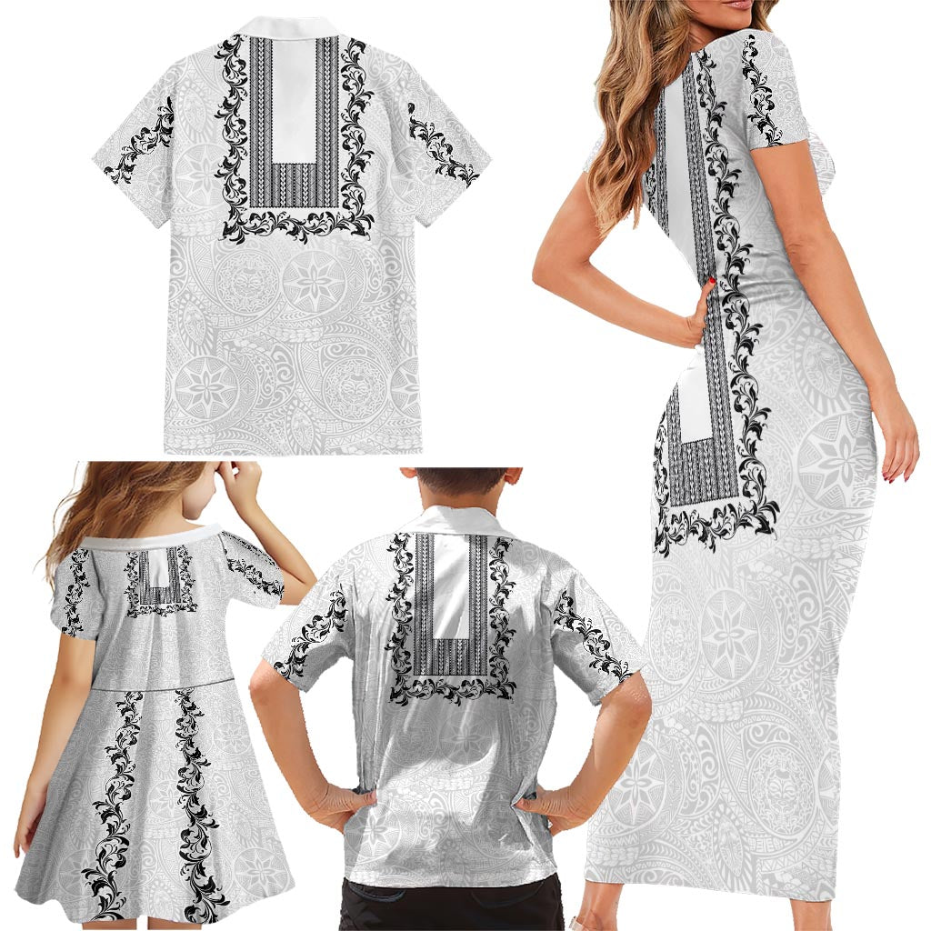 Philippines Polynesian Floral Pattern Family Matching Short Sleeve Bodycon Dress and Hawaiian Shirt With Barong Tagalog White Style