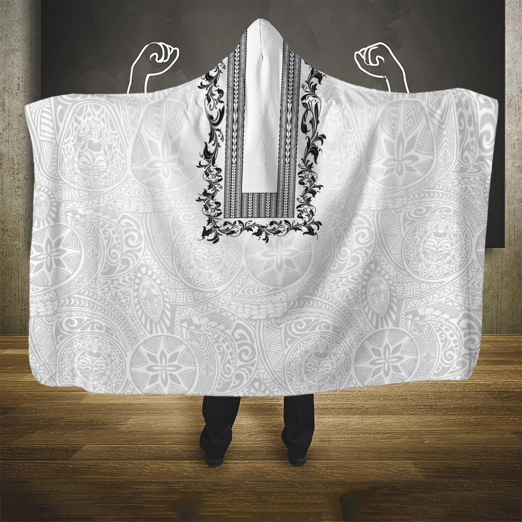 Philippines Polynesian Floral Pattern Hooded Blanket With Barong Tagalog White Style LT03 One Size White - Polynesian Pride
