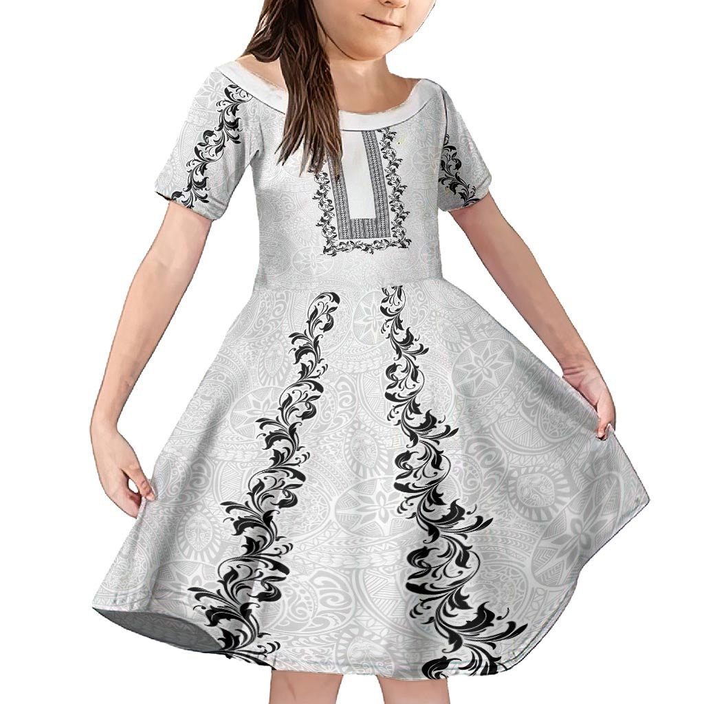 Philippines Polynesian Floral Pattern Kid Short Sleeve Dress With Barong Tagalog White Style