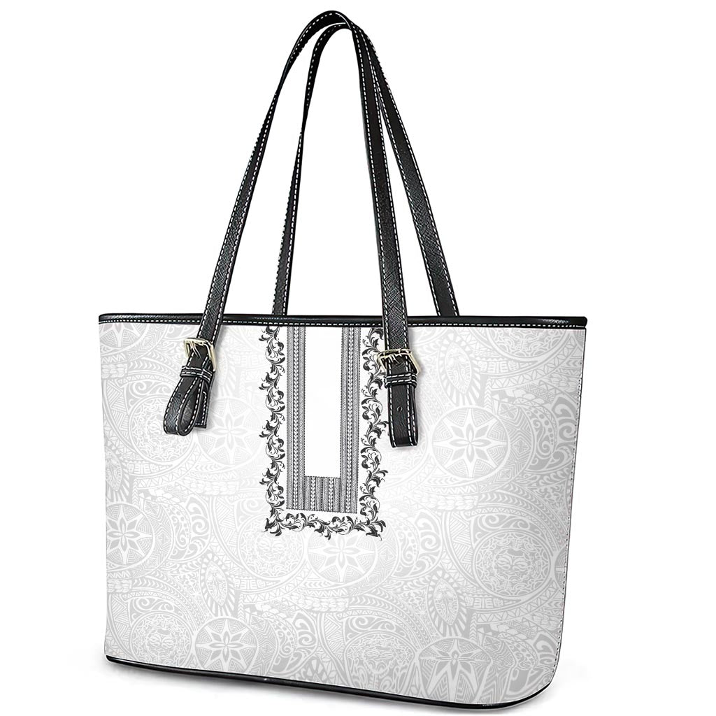 Philippines Polynesian Floral Pattern Leather Tote Bag With Barong Tagalog White Style