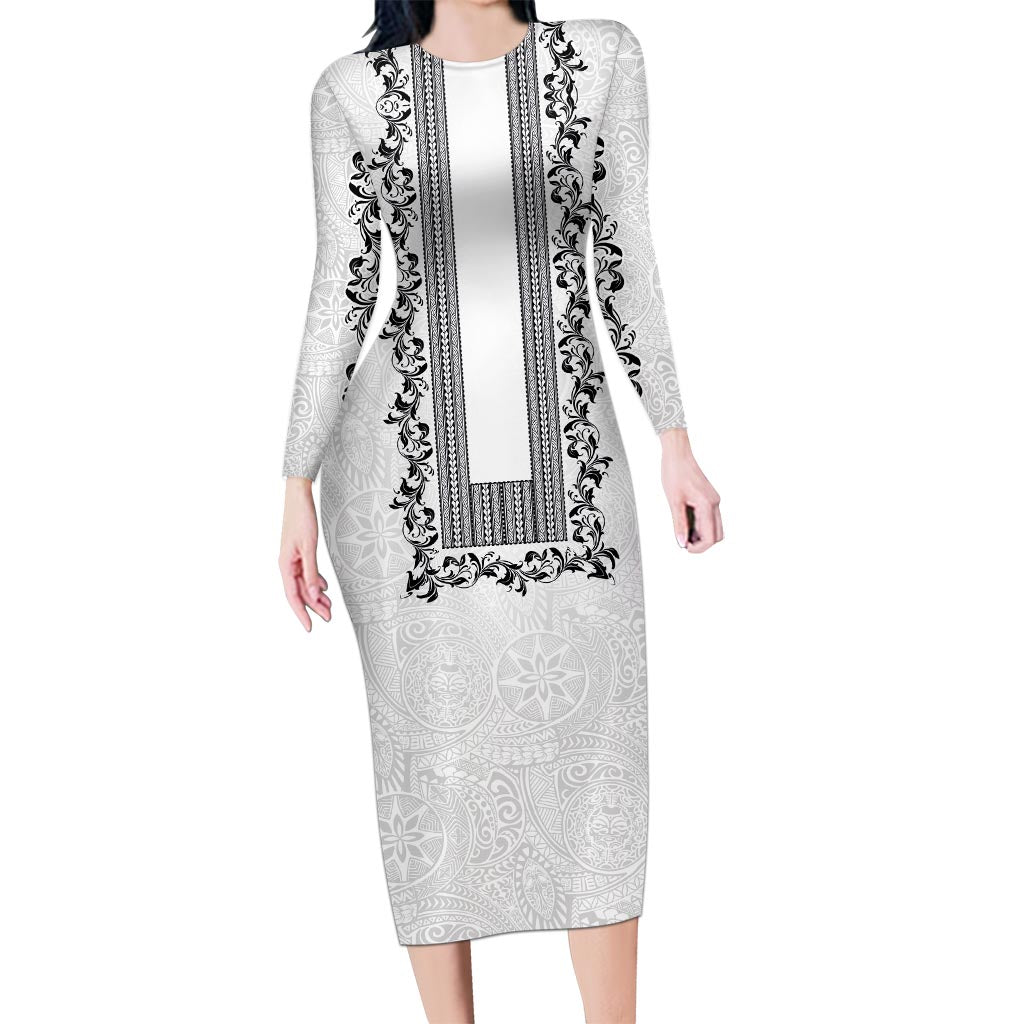Philippines Polynesian Floral Pattern Long Sleeve Bodycon Dress With Barong Tagalog White Style LT03 Long Dress White - Polynesian Pride