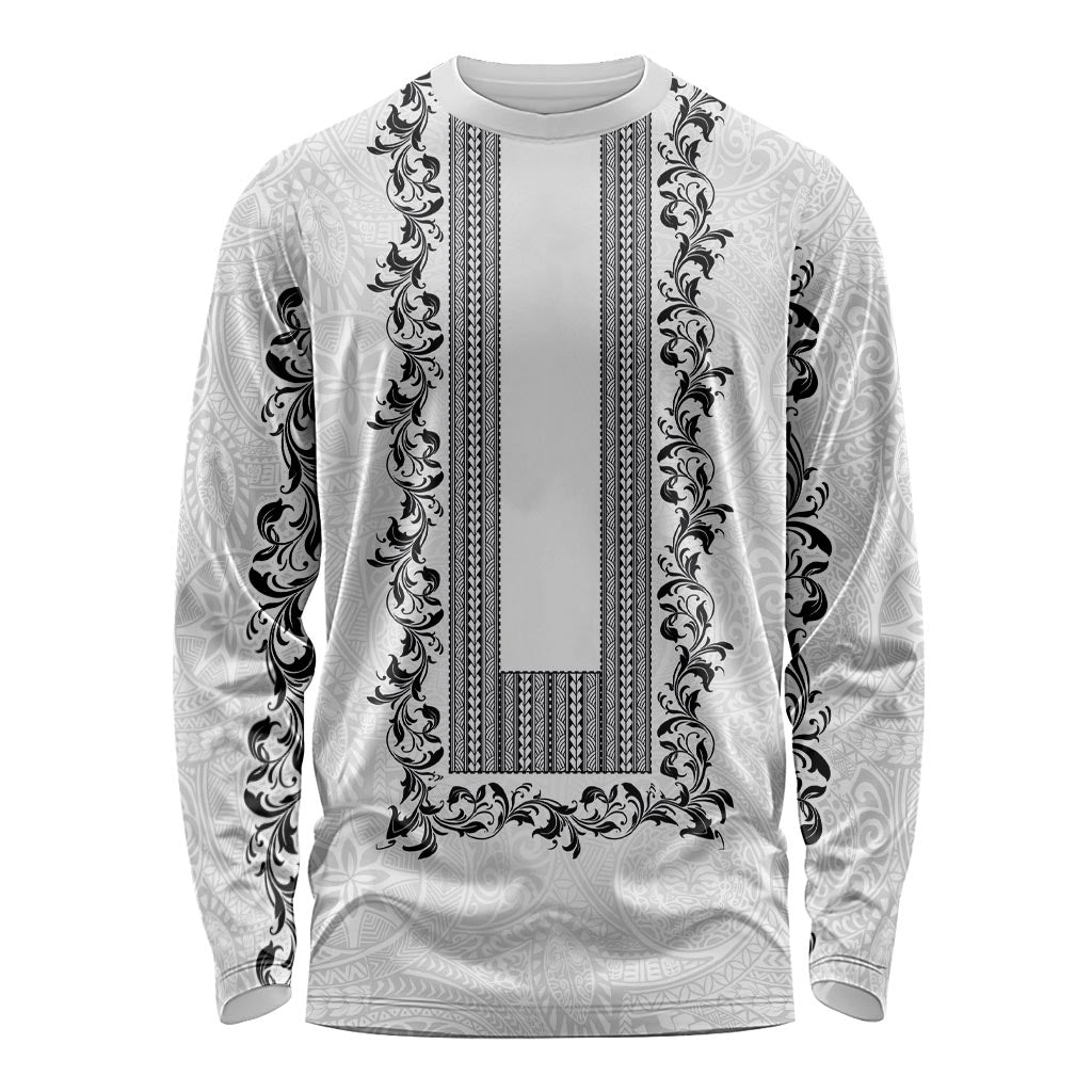 Philippines Polynesian Floral Pattern Long Sleeve Shirt With Barong Tagalog White Style LT03 Unisex White - Polynesian Pride