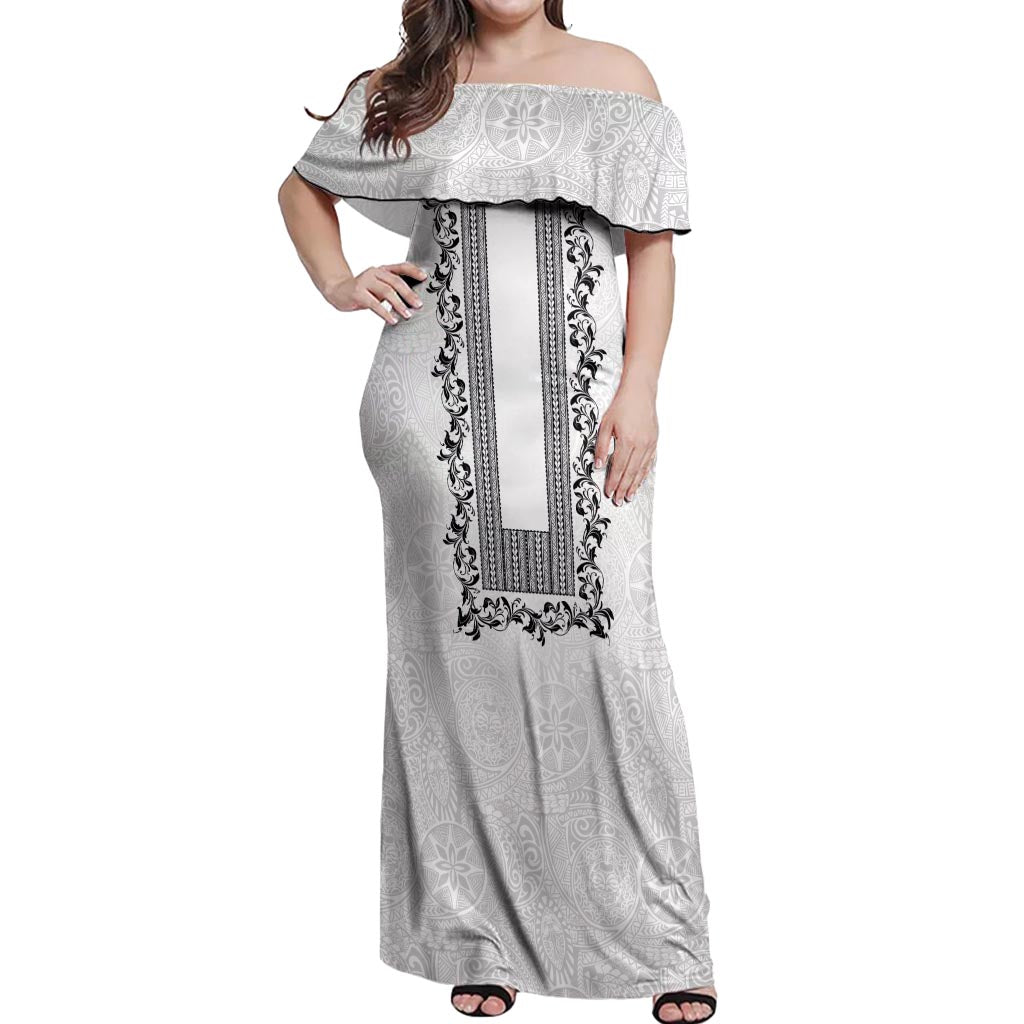 Philippines Polynesian Floral Pattern Off Shoulder Maxi Dress With Barong Tagalog White Style LT03 Women White - Polynesian Pride