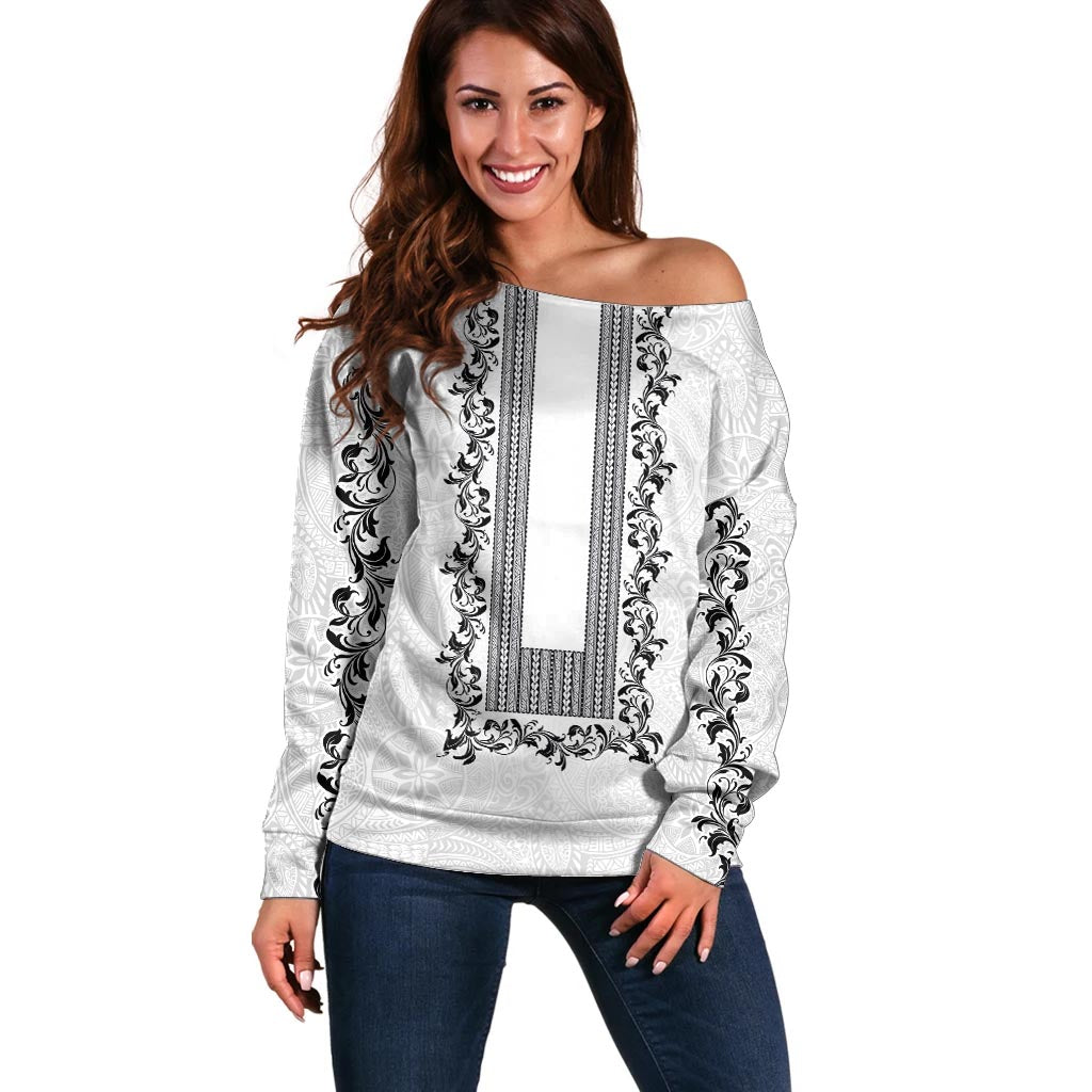 Philippines Polynesian Floral Pattern Off Shoulder Sweater With Barong Tagalog White Style LT03 Women White - Polynesian Pride