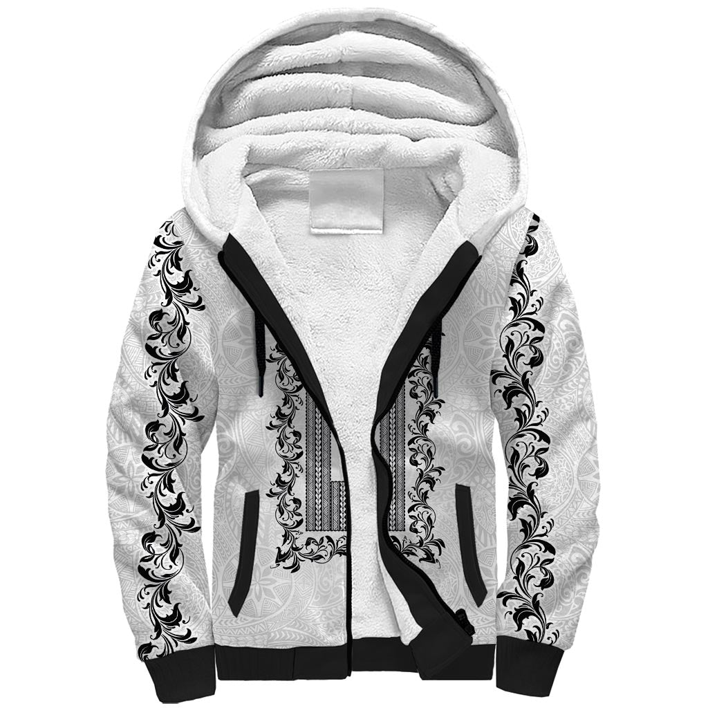 Philippines Polynesian Floral Pattern Sherpa Hoodie With Barong Tagalog White Style LT03 Unisex White - Polynesian Pride