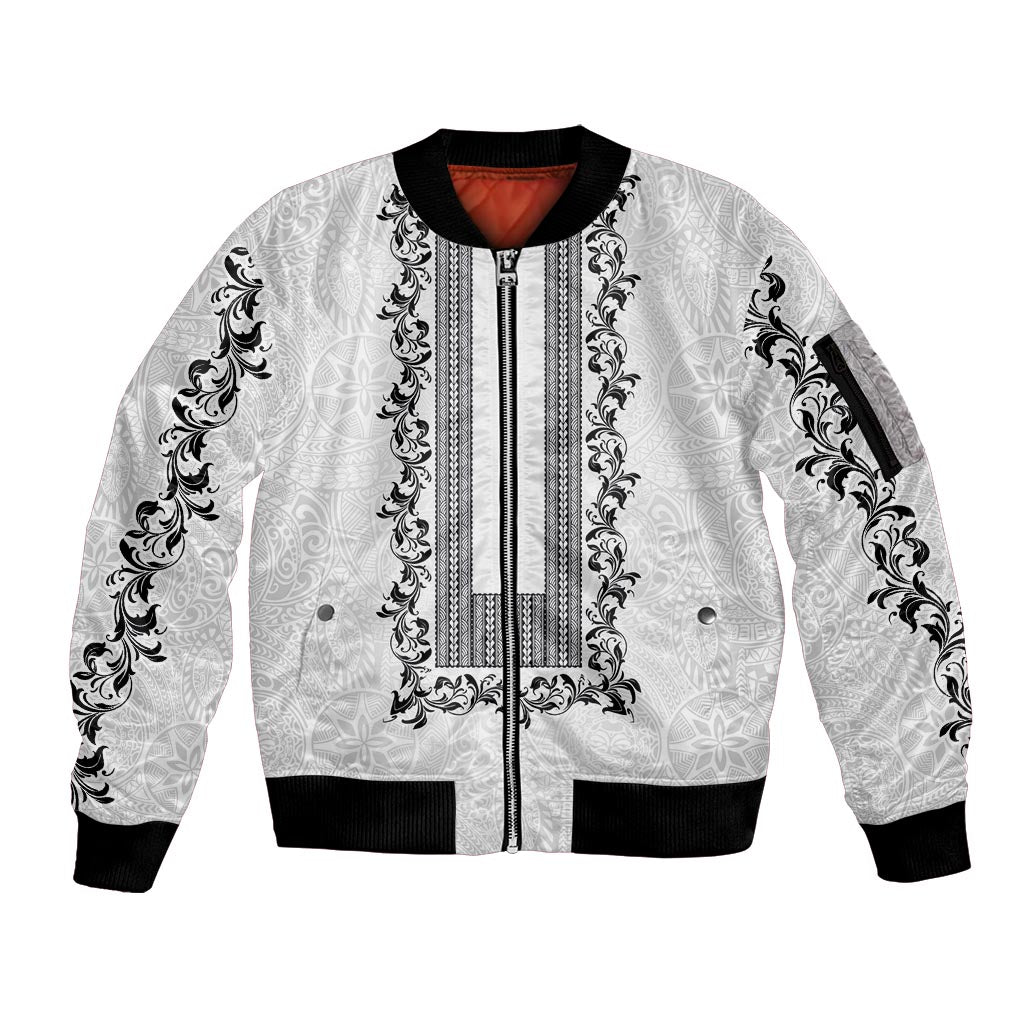 Philippines Polynesian Floral Pattern Sleeve Zip Bomber Jacket With Barong Tagalog White Style LT03 Unisex White - Polynesian Pride