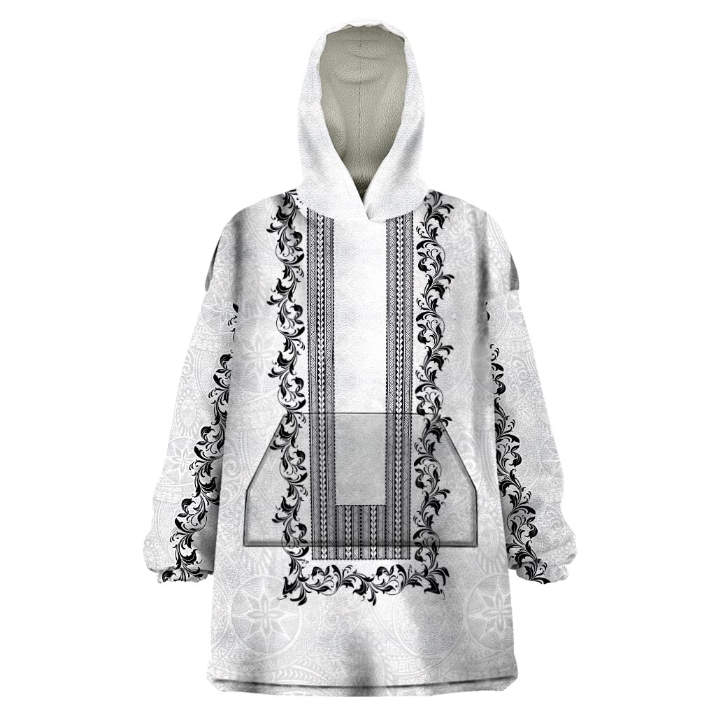 Philippines Polynesian Floral Pattern Wearable Blanket Hoodie With Barong Tagalog White Style LT03 One Size White - Polynesian Pride