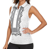 Philippines Polynesian Floral Pattern Women Sleeveless Polo Shirt With Barong Tagalog White Style