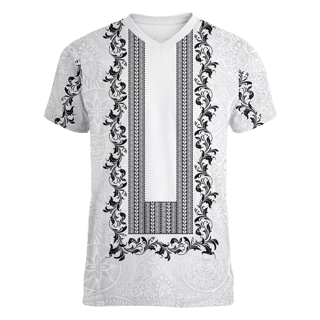 Philippines Polynesian Floral Pattern Women V-Neck T-Shirt With Barong Tagalog White Style LT03 Female White - Polynesian Pride