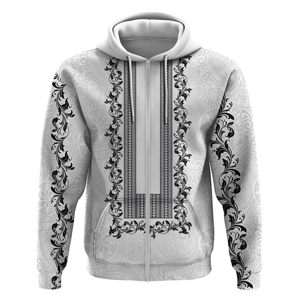 Philippines Polynesian Floral Pattern Zip Hoodie With Barong Tagalog White Style LT03 Zip Hoodie White - Polynesian Pride