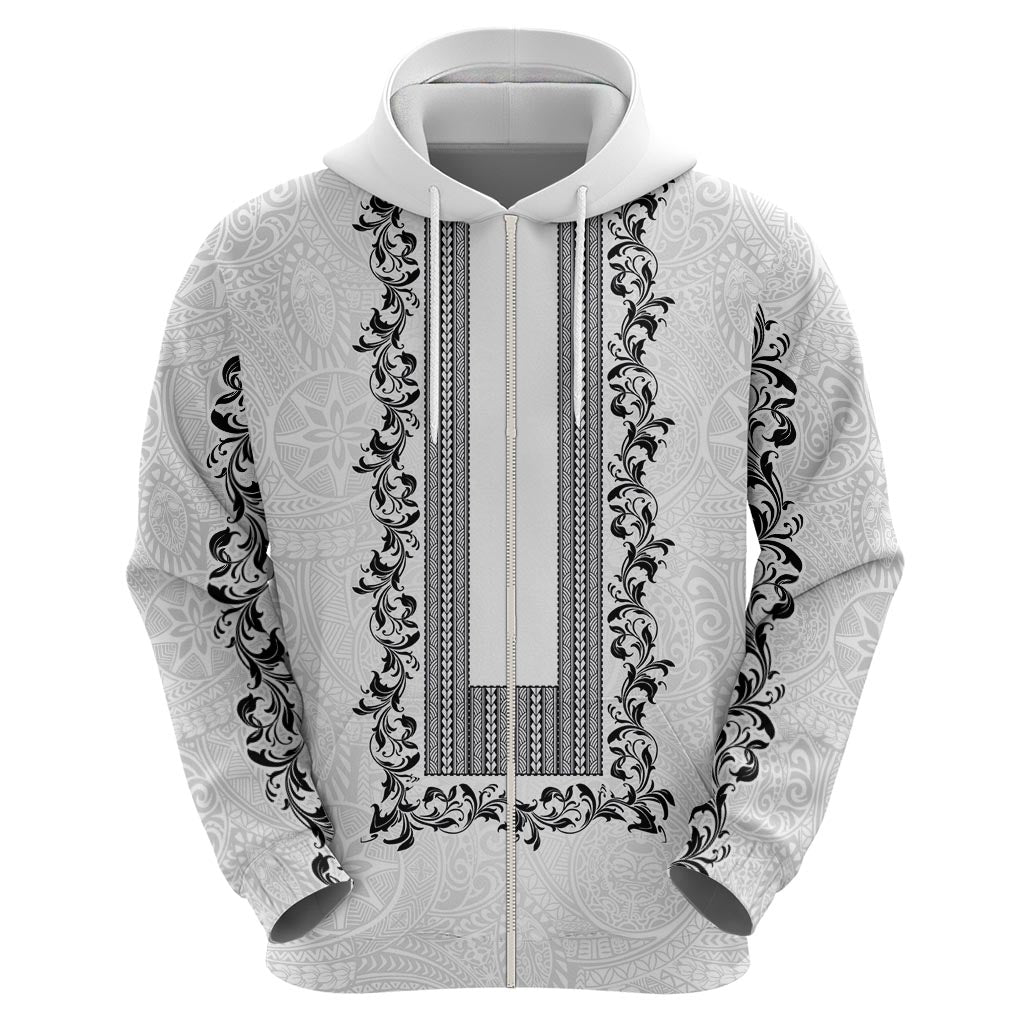 Philippines Polynesian Floral Pattern Zip Hoodie With Barong Tagalog White Style LT03 - Polynesian Pride