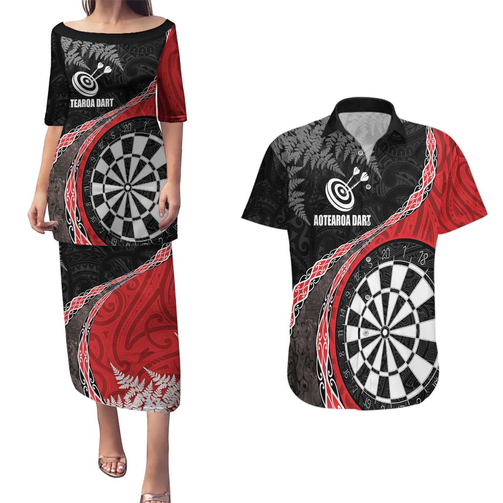 Personalised New Zealand Darts Couples Matching Puletasi and Hawaiian Shirt Koru Tribal Tattoo and Silver Fern Maori Pattern Red Color
