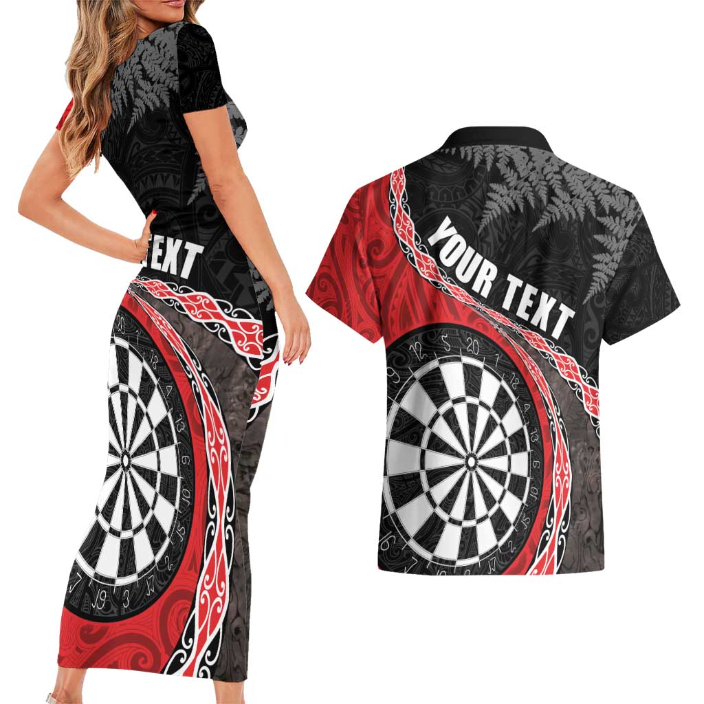 Personalised New Zealand Darts Couples Matching Short Sleeve Bodycon Dress and Hawaiian Shirt Koru Tribal Tattoo and Silver Fern Maori Pattern Red Color
