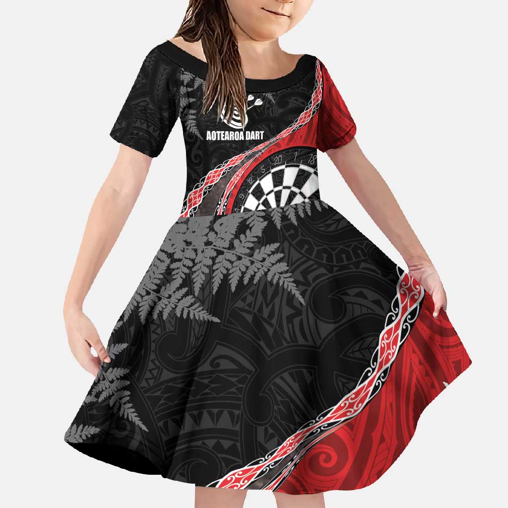 Personalised New Zealand Darts Family Matching Mermaid Dress and Hawaiian Shirt Koru Tribal Tattoo and Silver Fern Maori Pattern Red Color LT03 Daughter's Dress Red - Polynesian Pride
