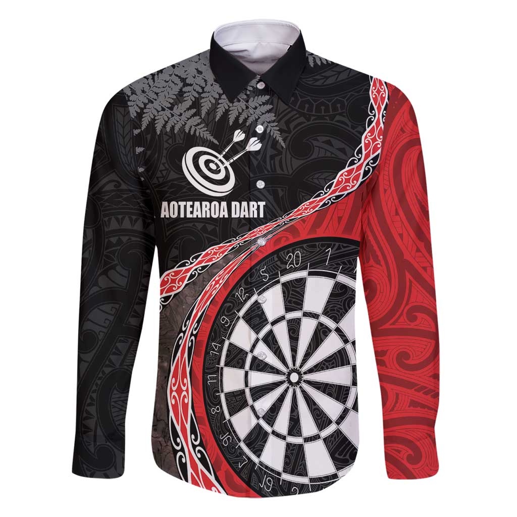 Personalised New Zealand Darts Family Matching Mermaid Dress and Hawaiian Shirt Koru Tribal Tattoo and Silver Fern Maori Pattern Red Color LT03 Dad's Shirt - Long Sleeve Red - Polynesian Pride