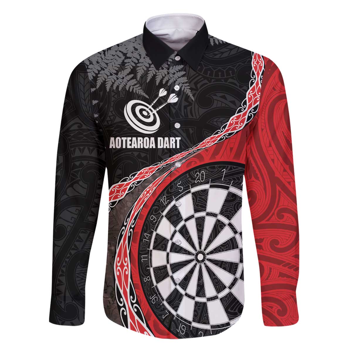 Personalised New Zealand Darts Family Matching Off Shoulder Short Dress and Hawaiian Shirt Koru Tribal Tattoo and Silver Fern Maori Pattern Red Color LT03 Dad's Shirt - Long Sleeve Red - Polynesian Pride