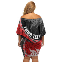 Personalised New Zealand Darts Off Shoulder Short Dress Koru Tribal Tattoo and Silver Fern Maori Pattern Red Color