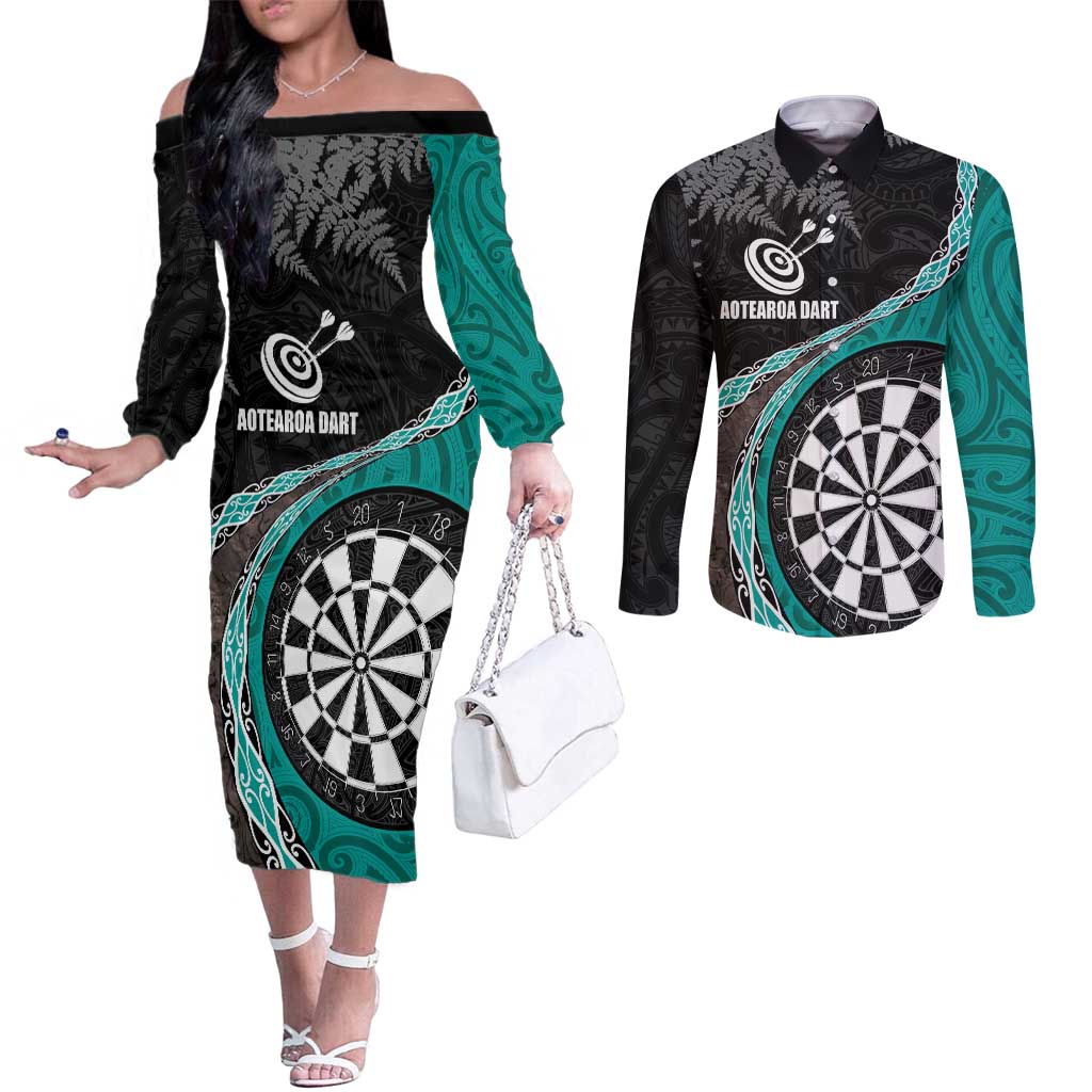 Personalised New Zealand Darts Couples Matching Off The Shoulder Long Sleeve Dress and Long Sleeve Button Shirt Koru Tribal Tattoo and Silver Fern Maori Pattern Teal Color