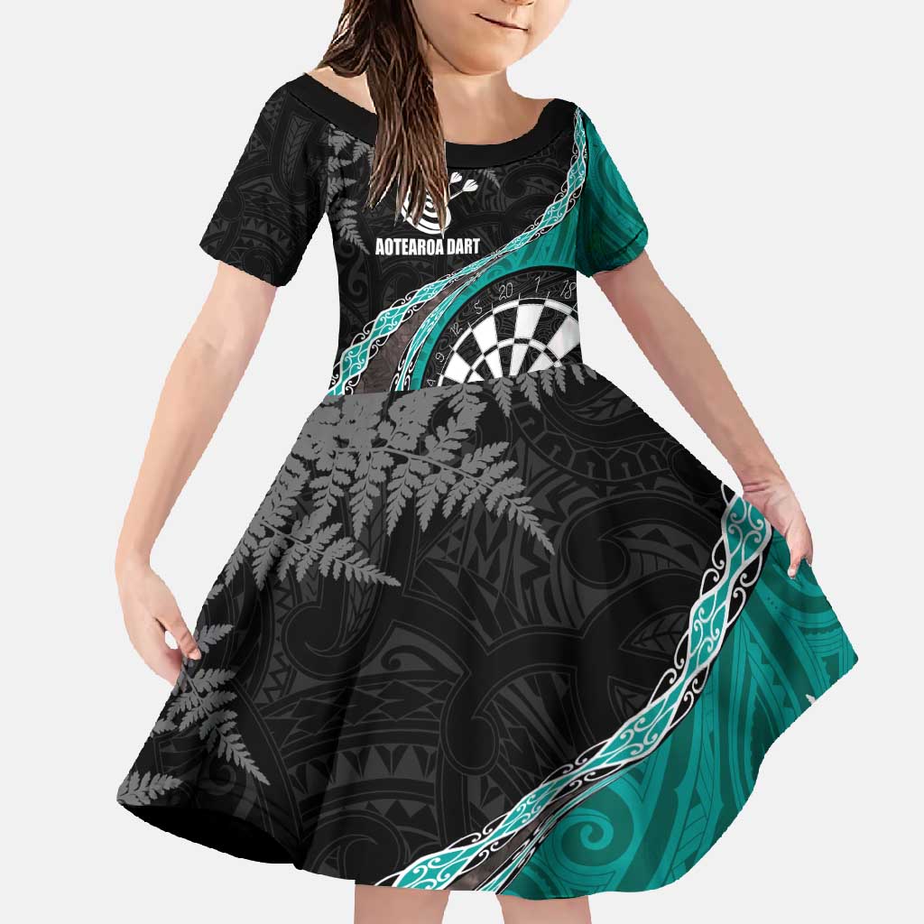 Personalised New Zealand Darts Family Matching Long Sleeve Bodycon Dress and Hawaiian Shirt Koru Tribal Tattoo and Silver Fern Maori Pattern Teal Color
