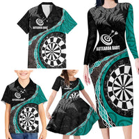 Personalised New Zealand Darts Family Matching Long Sleeve Bodycon Dress and Hawaiian Shirt Koru Tribal Tattoo and Silver Fern Maori Pattern Teal Color