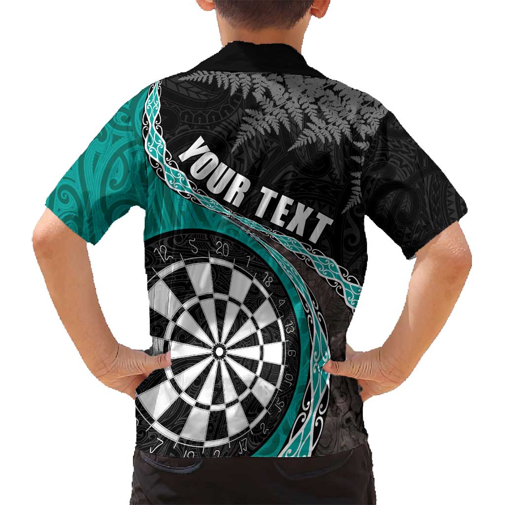 Personalised New Zealand Darts Family Matching Off Shoulder Maxi Dress and Hawaiian Shirt Koru Tribal Tattoo and Silver Fern Maori Pattern Teal Color