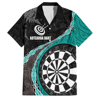Personalised New Zealand Darts Family Matching Off Shoulder Short Dress and Hawaiian Shirt Koru Tribal Tattoo and Silver Fern Maori Pattern Teal Color