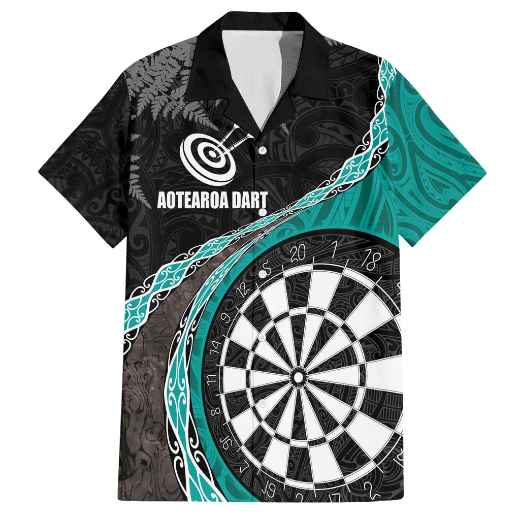 Personalised New Zealand Darts Family Matching Short Sleeve Bodycon Dress and Hawaiian Shirt Koru Tribal Tattoo and Silver Fern Maori Pattern Teal Color