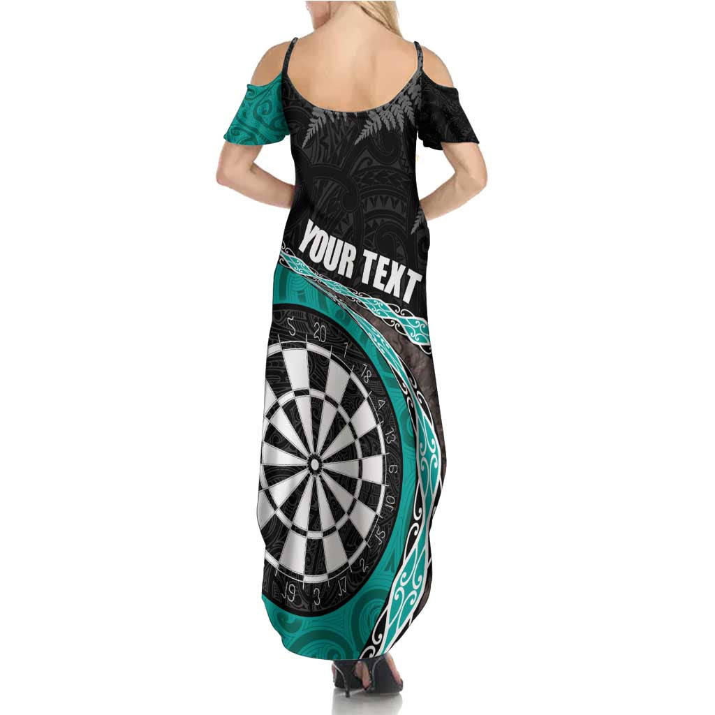Personalised New Zealand Darts Family Matching Summer Maxi Dress and Hawaiian Shirt Koru Tribal Tattoo and Silver Fern Maori Pattern Teal Color