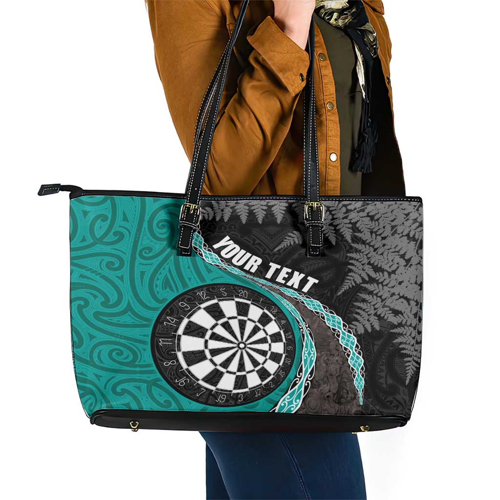 Personalised New Zealand Darts Leather Tote Bag Koru Tribal Tattoo and Silver Fern Maori Pattern Teal Color