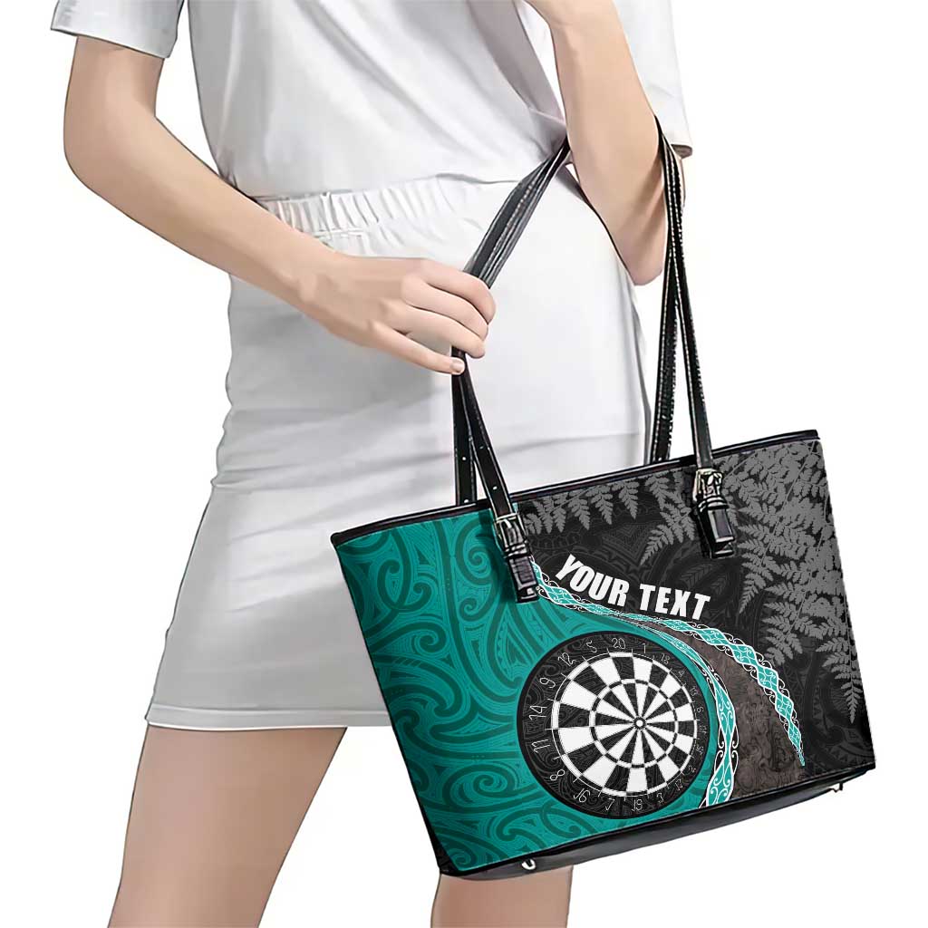 Personalised New Zealand Darts Leather Tote Bag Koru Tribal Tattoo and Silver Fern Maori Pattern Teal Color