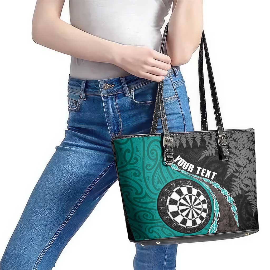 Personalised New Zealand Darts Leather Tote Bag Koru Tribal Tattoo and Silver Fern Maori Pattern Teal Color
