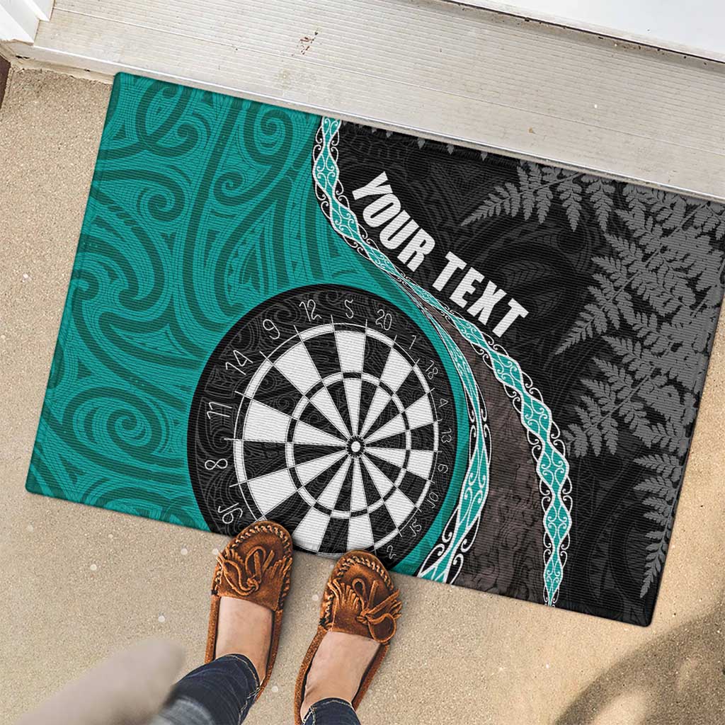Personalised New Zealand Darts Rubber Doormat Koru Tribal Tattoo and Silver Fern Maori Pattern Teal Color