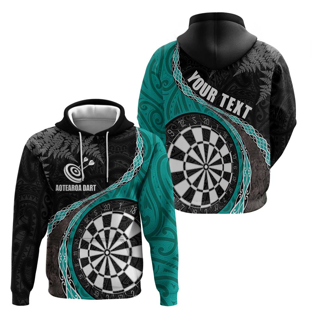 Personalised New Zealand Darts Zip Hoodie Koru Tribal Tattoo and Silver Fern Maori Pattern Teal Color