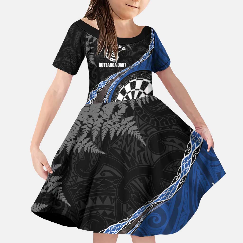 Personalised New Zealand Darts Family Matching Mermaid Dress and Hawaiian Shirt Koru Tribal Tattoo and Silver Fern Maori Pattern Blue Color LT03 Daughter's Dress Blue - Polynesian Pride