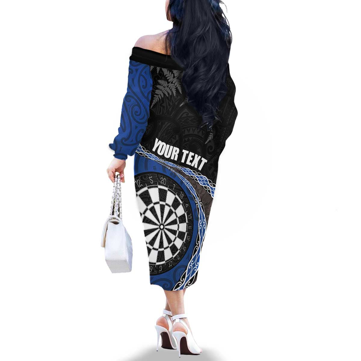 Personalised New Zealand Darts Family Matching Off The Shoulder Long Sleeve Dress and Hawaiian Shirt Koru Tribal Tattoo and Silver Fern Maori Pattern Blue Color