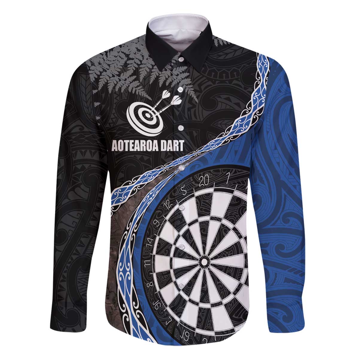 Personalised New Zealand Darts Family Matching Off Shoulder Short Dress and Hawaiian Shirt Koru Tribal Tattoo and Silver Fern Maori Pattern Blue Color LT03 Dad's Shirt - Long Sleeve Blue - Polynesian Pride